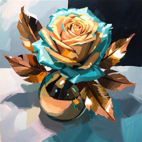 عکس با کیفیت نقاشی گل رز آبی و مسی در گلدان شیشه‌ای، ایده تابلو دیواری لاکچری