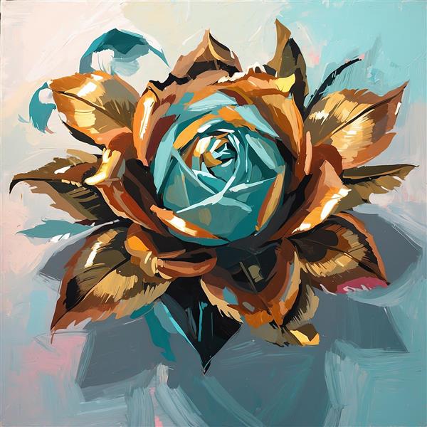 نقاشی دیجیتال گل رز فیروزه‌ای و طلایی، طرح آبستره مدرن برای چاپ بوم و تابلو دکوراتیو
