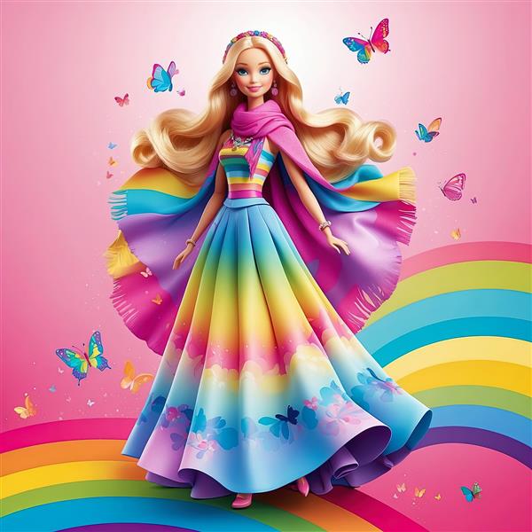 باربی با شنل پرنسسی پشت‌باز و دامن بلند با طرح‌های پروانه‌ای