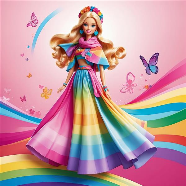 باربی با هدبند گلدار و لباس مجلسی طرح‌دار و شال کوتاه