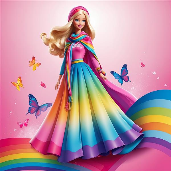 باربی با روسری طرح‌دار و لباس بلند رنگین‌کمانی در پس‌زمینه صورتی