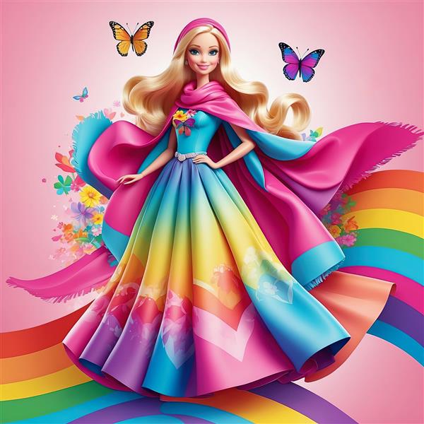 باربی با شنل پرنسسی بزرگ و گل‌ها و پروانه‌های شاد