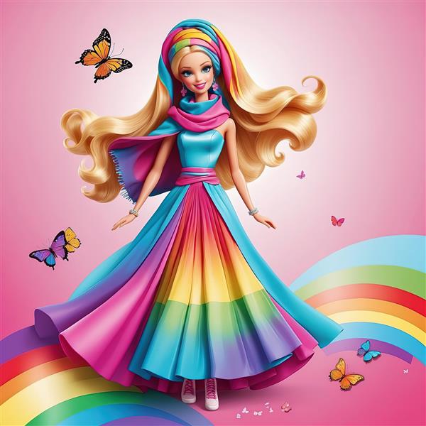 باربی با پوشش سر رنگین‌کمانی و دامن پفکی بلند با پروانه‌های نارنجی