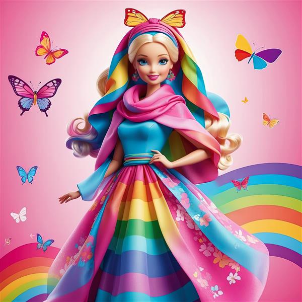 باربی با هدبند پروانه و شنل رنگی روی لباس مجلسی آبی