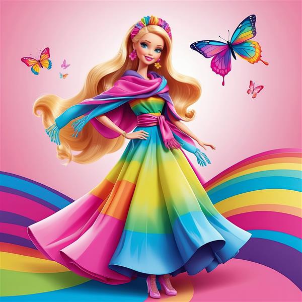 باربی با شال ابریشمی دور کمر و پروانه بزرگ در پس‌زمینه