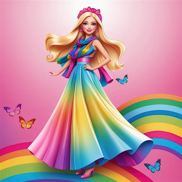 باربی با تاج شاهزاده و لباس بلند رنگارنگ و شال گردن