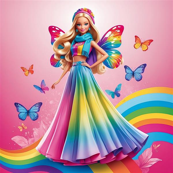 طرح باربی پری پروانه با بال‌های رنگین‌کمانی و لباس مجلسی