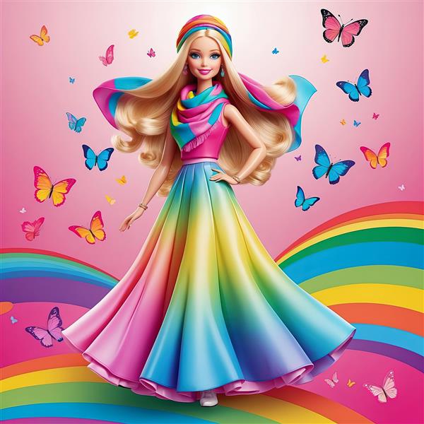 پوستر باربی با روسری رنگین‌کمان و دامن بلند رنگی و پروانه‌ها