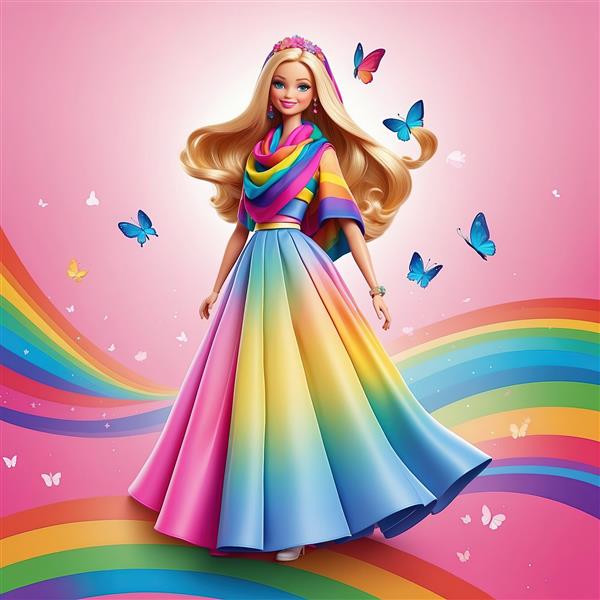 باربی با شنل کلاهدار و لباس دامن پفکی رنگین‌کمانی