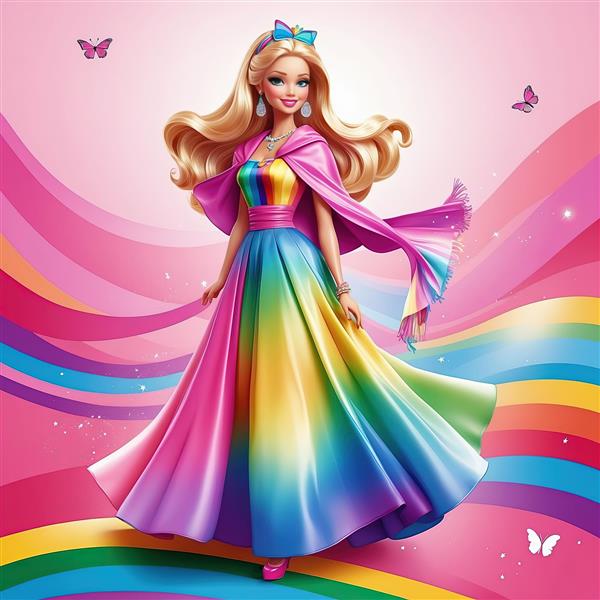 باربی با شنل پرنسسی رنگارنگ و لباس بلند پر زرق و برق