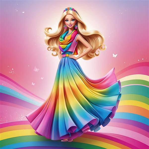 باربی با شال گردن رنگین‌کمانی و لباس مجلسی شیک