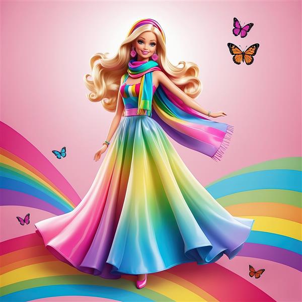 باربی با شال رنگین‌کمان و لباس شب بلند برای چاپ دکوراتیو