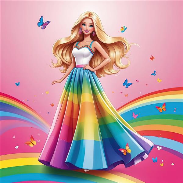 طرح باربی با دامن بلند رنگین‌کمانی و بلوز سفید در پس‌زمینه شاد