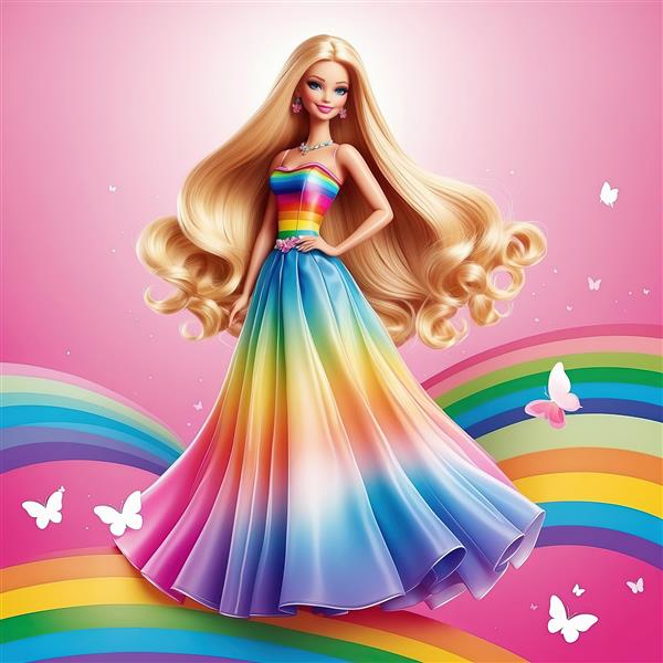 پوستر باربی با موهای بلند و لباس پرنسسی دامن حجیم رنگین‌کمان