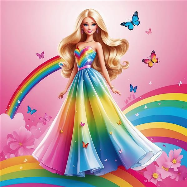 طرح باربی روی رنگین‌کمان با گل‌ها و پروانه‌های شاد