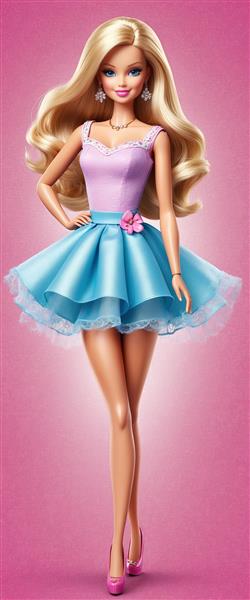 تصویر ایستاده باربی با دامن کوتاه آبی و بلوز صورتی