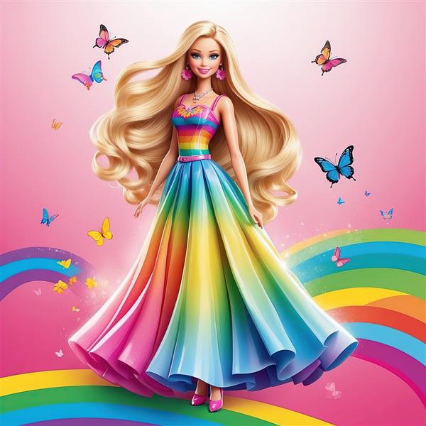 باربی با موهای بلند و لباس پرنسسی دامن حجیم رنگین‌کمانی