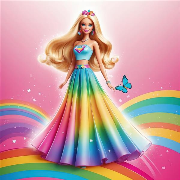 باربی با تاج گل و لباس بلند دامن پف‌دار رنگین‌کمان