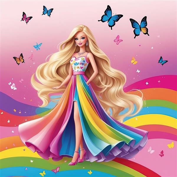 باربی با لباس دامن بلند چاک‌دار رنگین‌کمانی و پروانه‌های آبی