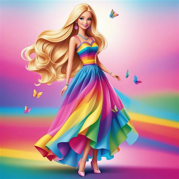 طرح باربی با دامن چین‌دار رنگین‌کمان و پس‌زمینه فانتزی