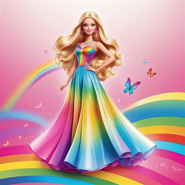 پوستر باربی پرنسسی با پیراهن رنگین‌کمانی و پروانه آبی