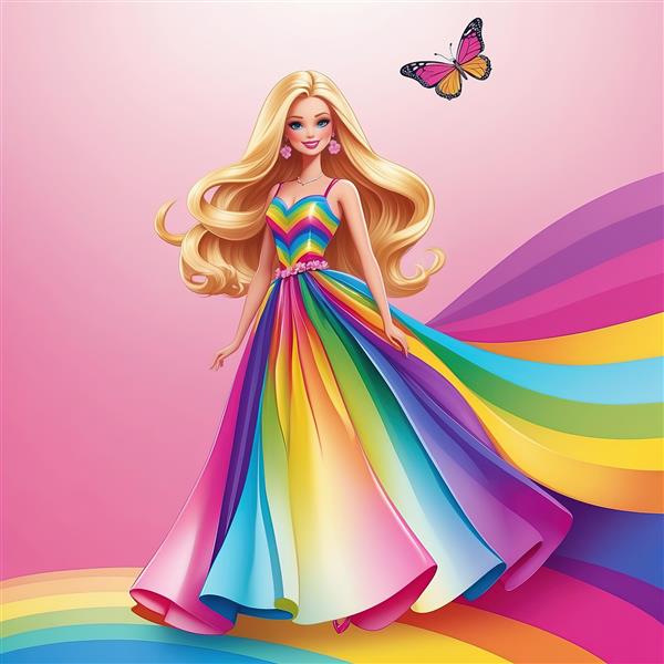 طرح باربی با دامن دنباله دار رنگین‌کمان برای چاپ روی بوم