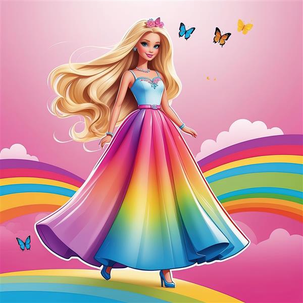 شاهزاده باربی با لباس پرنسسی دامن پفکی رنگین کمان و تاج