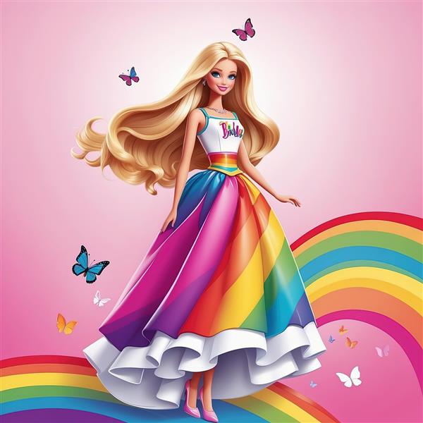 باربی با دامن بلند رنگین کمانی روی کمان برای پوستر دیواری