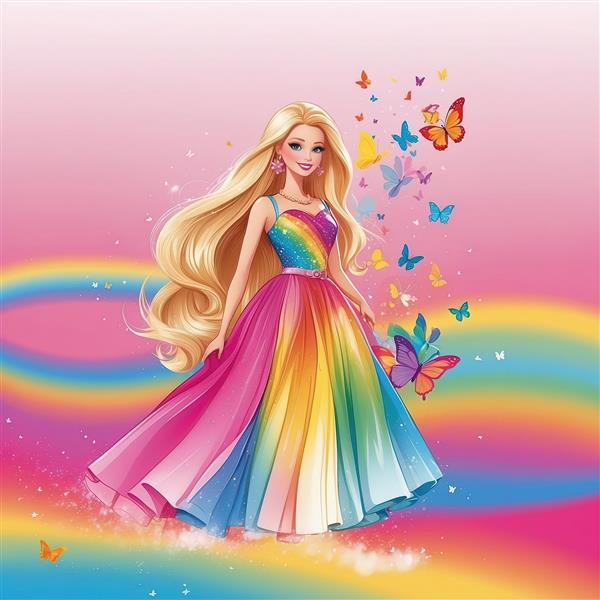 باربی درخشان با پیراهن بلند رنگین کمان و پرواز پروانه‌ها