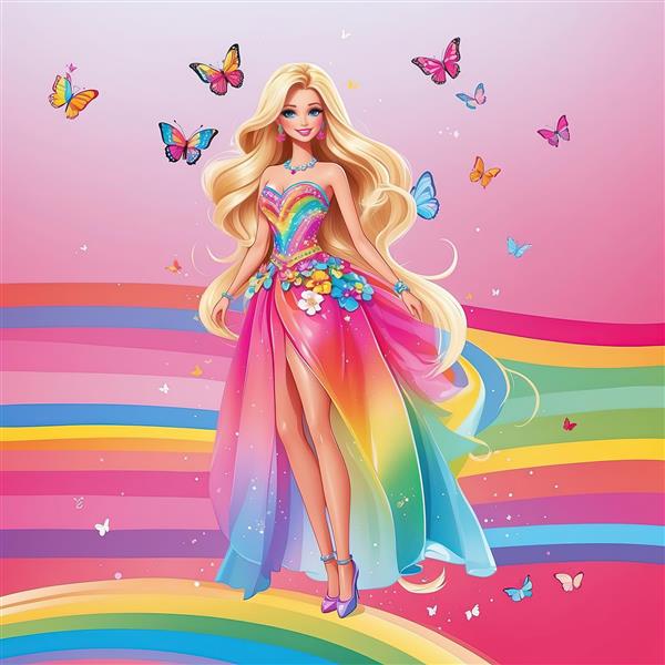 باربی لباس مجلسی شیک رنگارنگ در پس زمینه صورتی و رنگین کمان