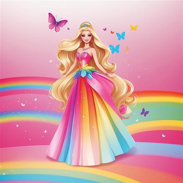 باربی شاهزاده با لباس مجلسی بلند رنگین‌کمان و پروانه‌ها