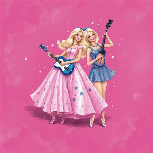 طرح باربی و دوستش با گیتار برای پوستر اتاق دخترانه