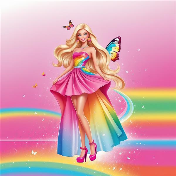 پوستر باربی و پروانه رنگین کمانی با لباس مجلسی شیک