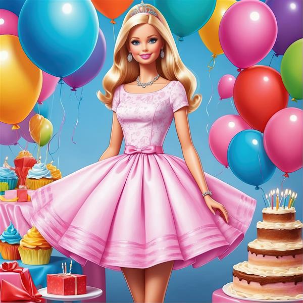 تصویر مجلل باربی با پیراهن پف‌دار صورتی در تالار بزرگ مناسب چاپ