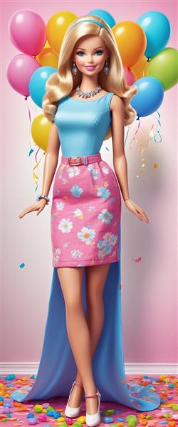 تصویر باربی با لباس پر زرق و برق در محیط فانتزی و نورپردازی حرفه‌ای