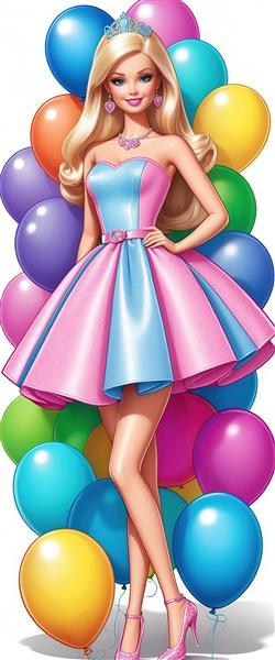 پوستر دیواری باربی با لباس مجلسی در راهروی شیک با تم صورتی و آبی