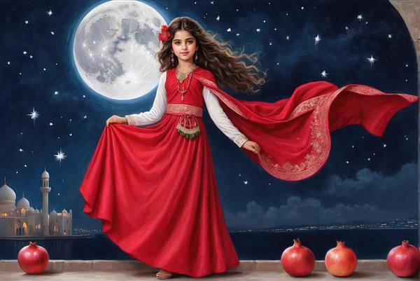 تصویر حماسی دختر ایستاده روی صخره با منظره شهر و ماه بزرگ