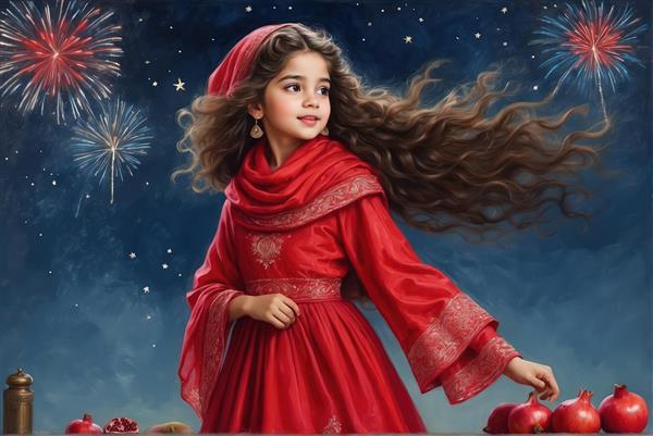 تصویرسازی دختر نشسته با انار، ماه هلالی بزرگ و انعکاس آب