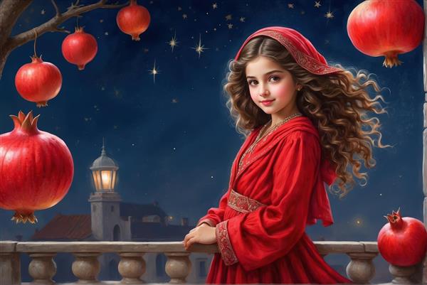 عکس پروفایل دختر با انار در دست و هلال ماه برای شب یلدا