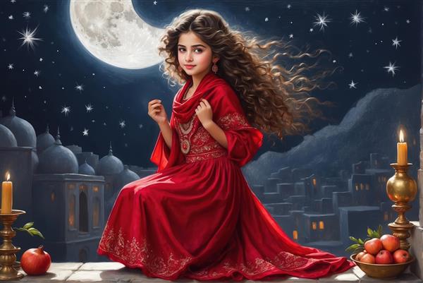 طرح گرافیکی دختر با لباس قرمز و قفس پرنده (فانوس) در دست در منظره شب شهر