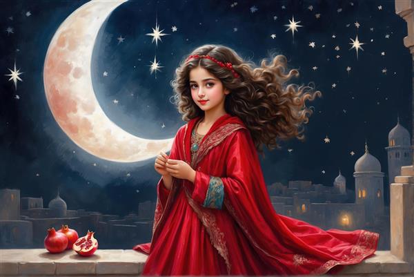 تصویر مجلل دختر با پیراهن پف‌دار قرمز زیر طاق سنتی و ماه کامل