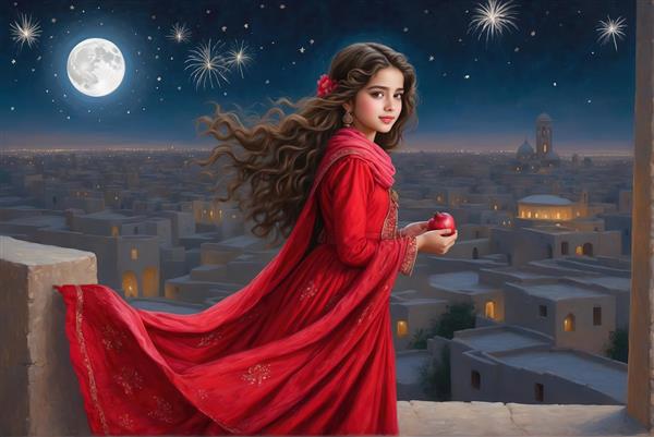 عکس هنری دختر با انار در پنجره سنتی و هلال ماه برای دکوراسیون