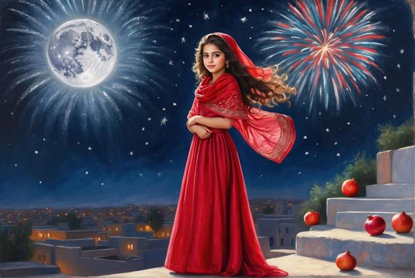 پوستر دیواری دختر ایستاده روی آب با ماه کامل و پیراهن روان