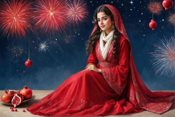 تصویرسازی فانتزی دختر نشسته در شب با ماه کامل و انار برای بک‌گراند