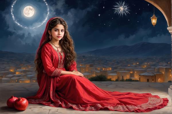 پرتره دختر زیبا با شمع (نور) در دست و لباس قرمز مناسب چاپ هنری