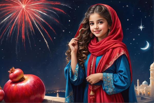 عکس دختر بچه با لباس سنتی آبی و قرمز و آسمان جشن شب چله