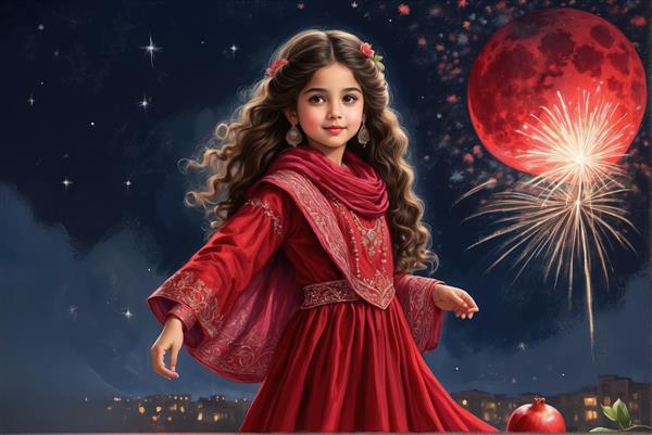 طرح نقاشی دیجیتال دختر با ماه قرمز و آتش بازی مناسب چاپ روی شاسی