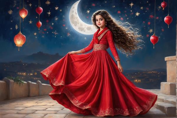 عکس استوک دختر در حال رقص با لباس چین دار و فانوس های آویزان برای طراحی