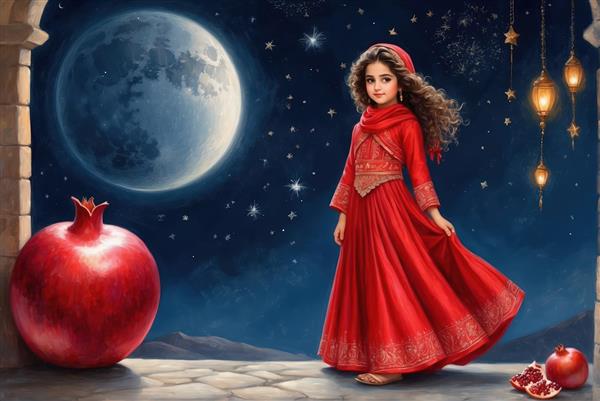 پوستر فانتزی دختر ایستاده کنار انار بزرگ و فانوس های روشن در شب پرستاره