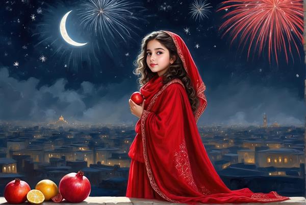 طرح گرافیکی دختر ایرانی با شال قرمز و آتش بازی در شب جشن